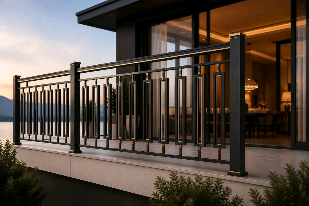 Steel balcony balustrade overlooking a garden