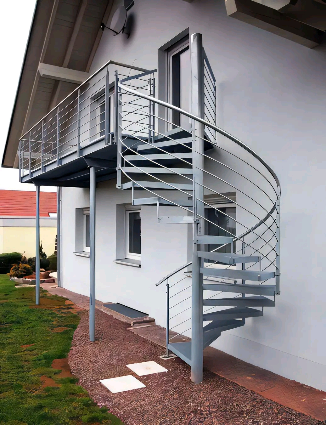 Grey steel spiral staircase alongside a residential balcony