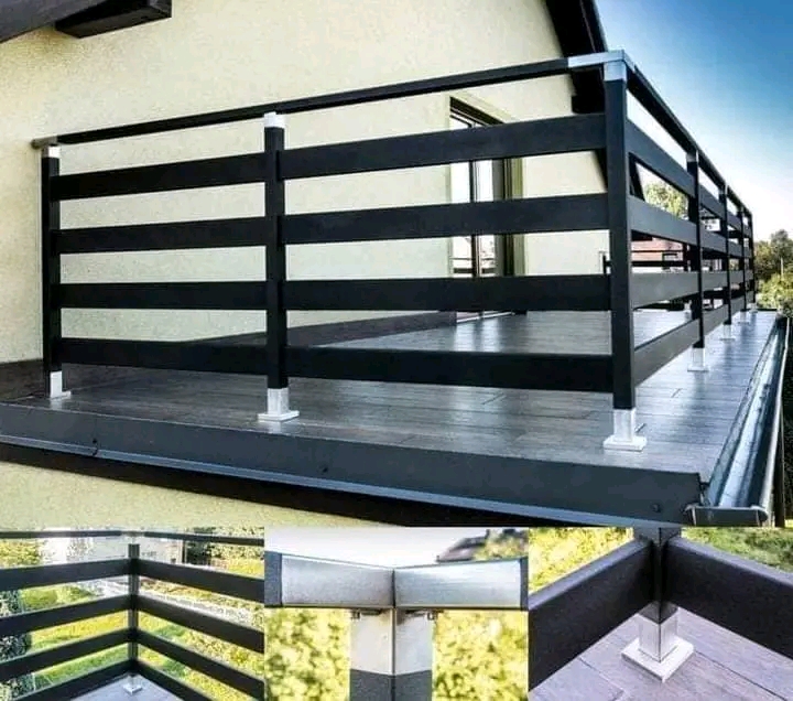 Horizontal-bar steel balustrade around a raised timber deck
