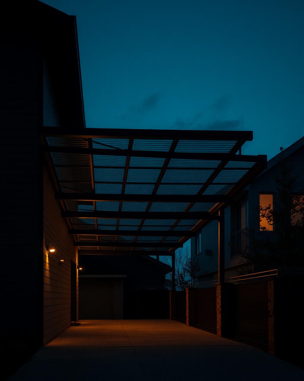 Welded steel carport structure beside a contemporary house