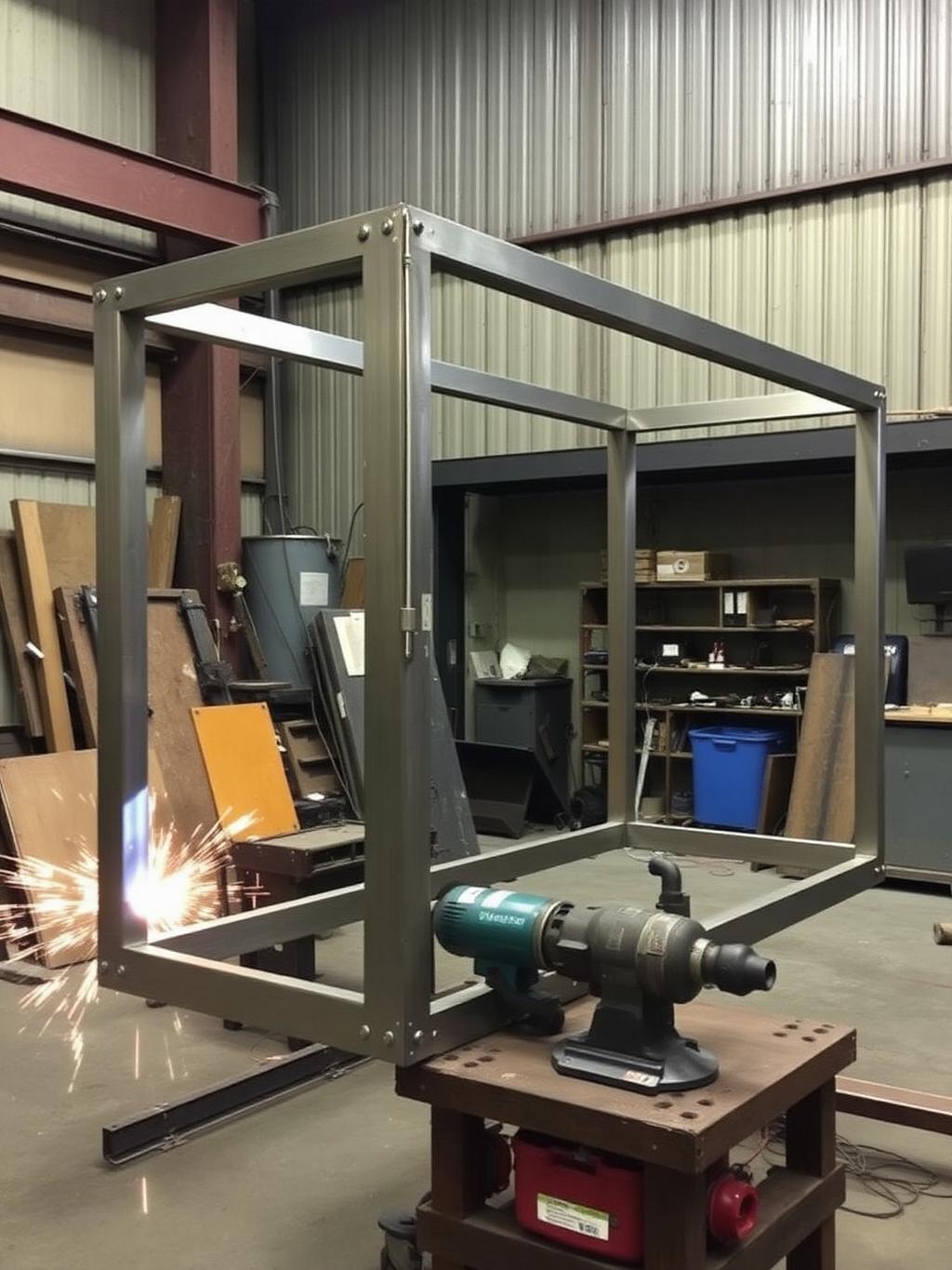 Custom steel frame being fabricated on the workshop floor