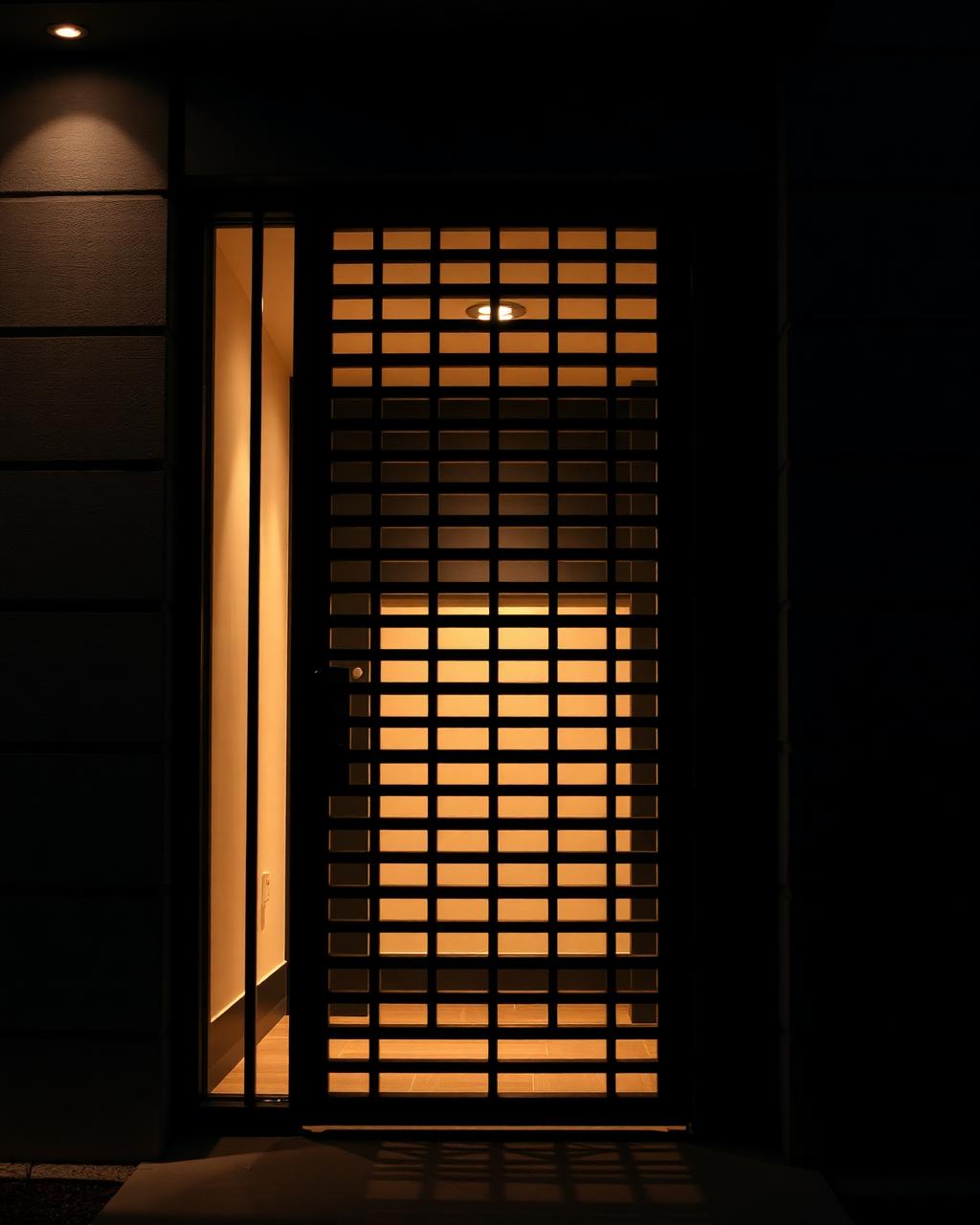 Steel security door with geometric bar pattern