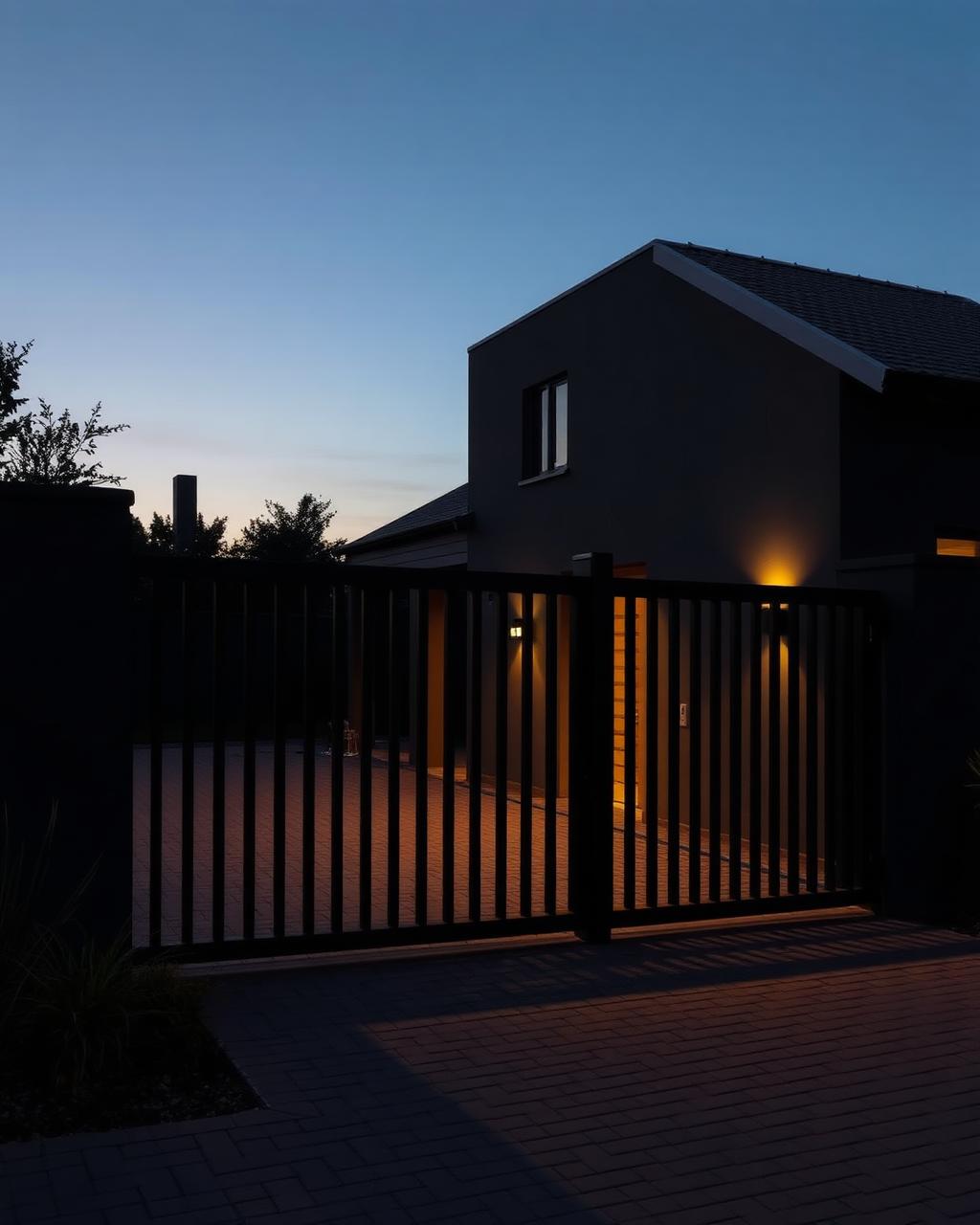 Modern black steel driveway gate at dusk