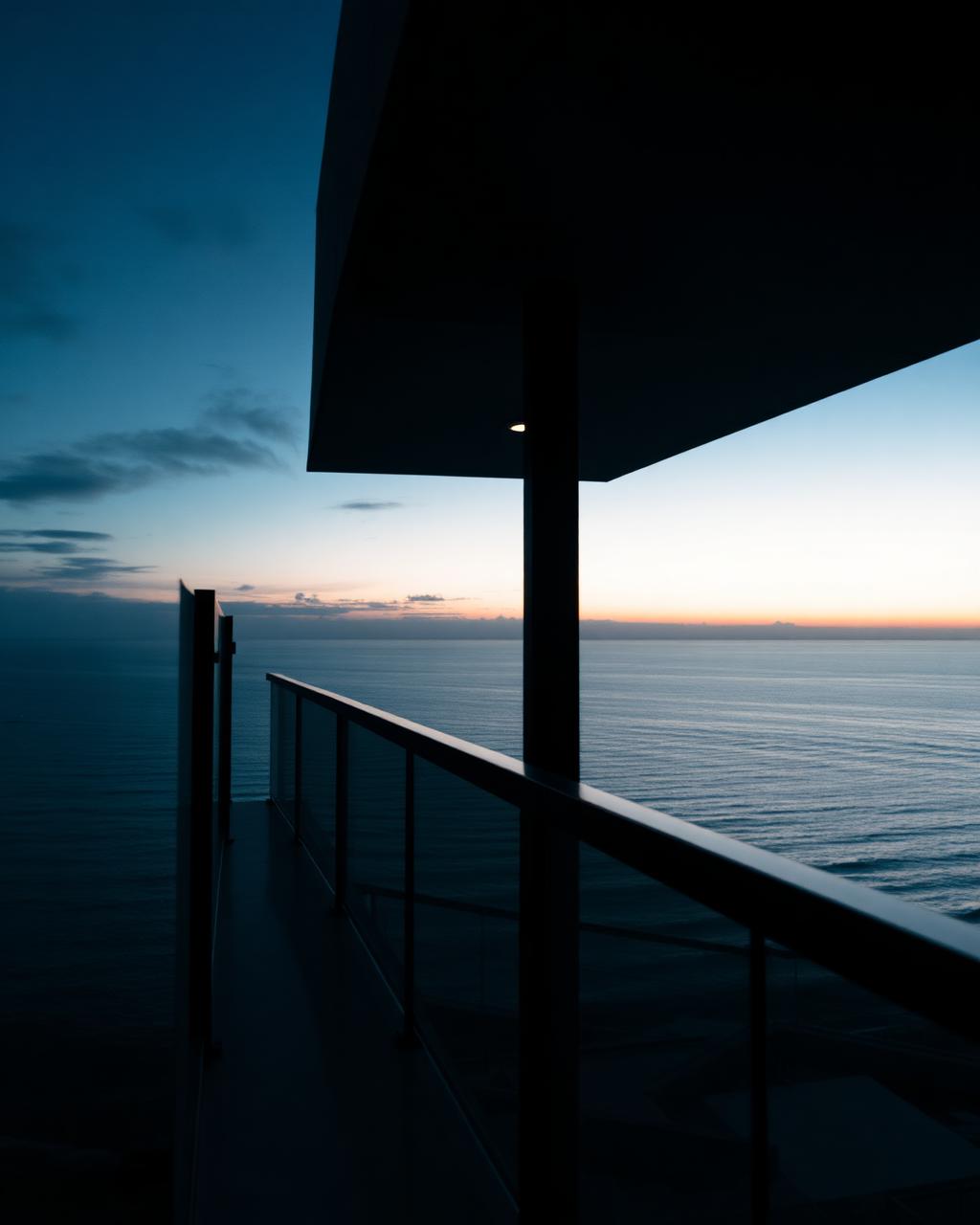 Glass and steel balustrade on an ocean-facing balcony