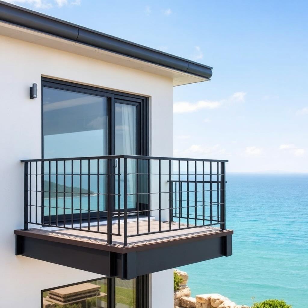 Modern steel balcony railing overlooking the ocean