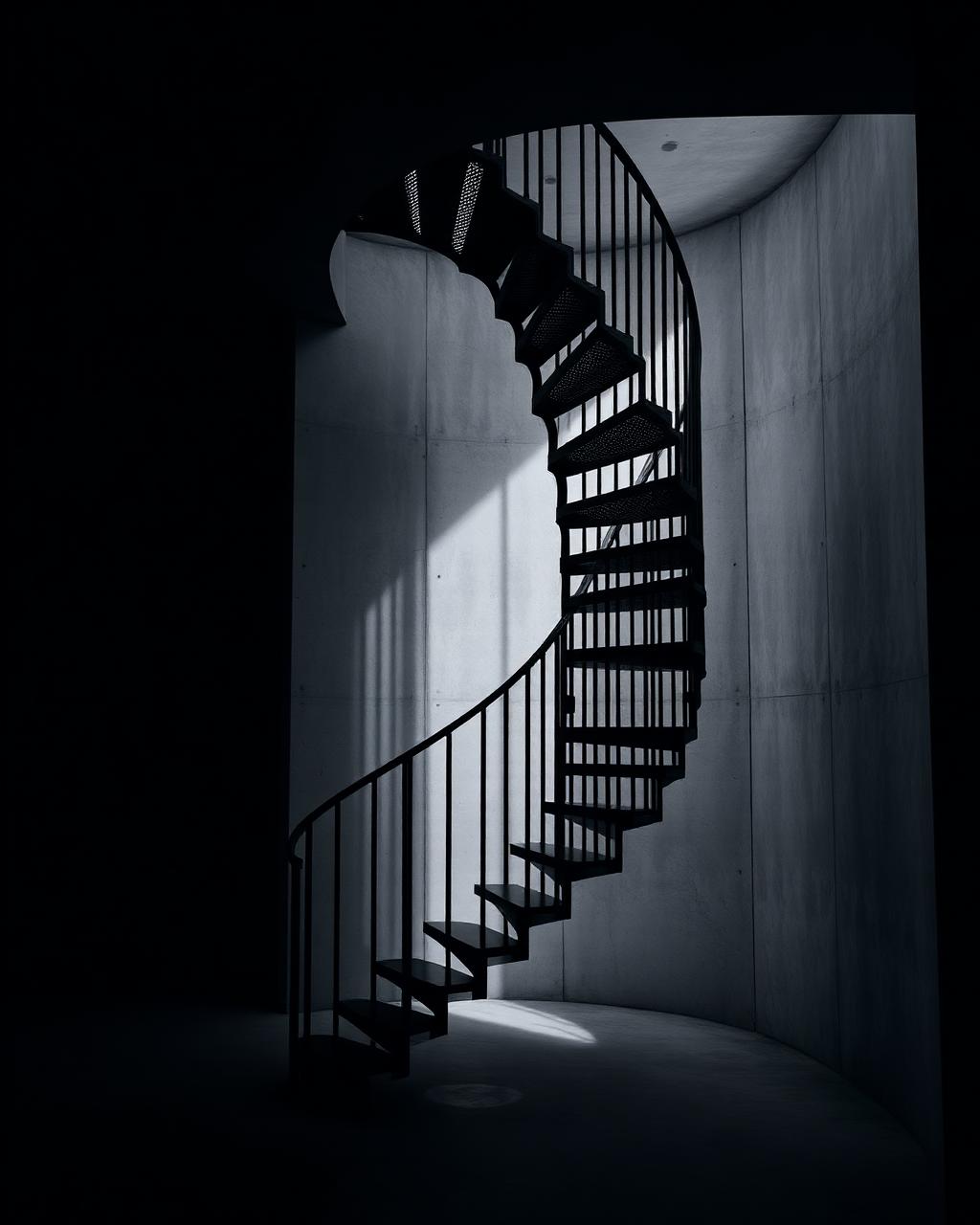 Sculptural black steel spiral staircase in a concrete interior