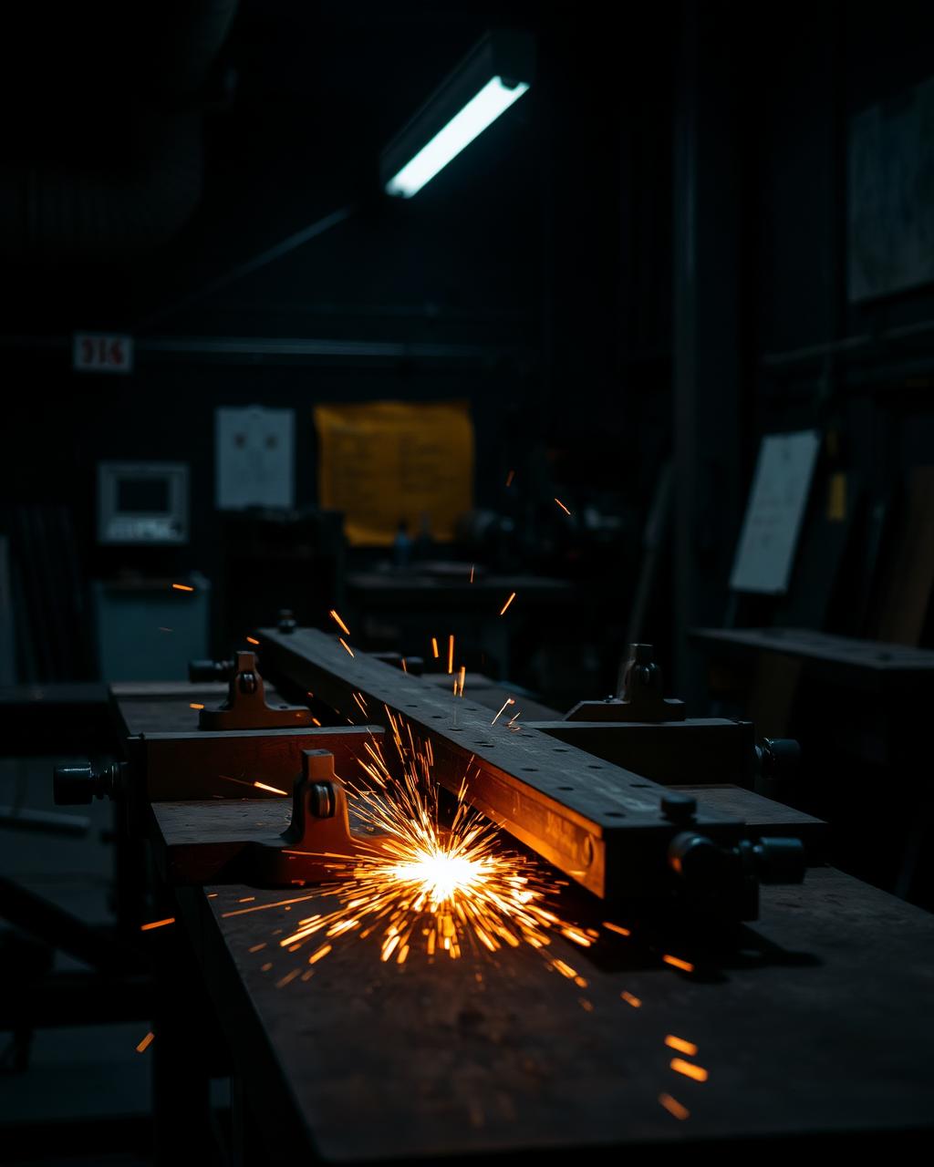 Steel sections clamped on the fabrication bench with sparks flying